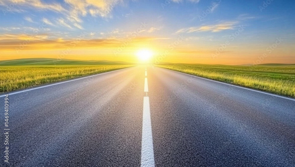 Naklejka premium Empty road stretches to golden sunset