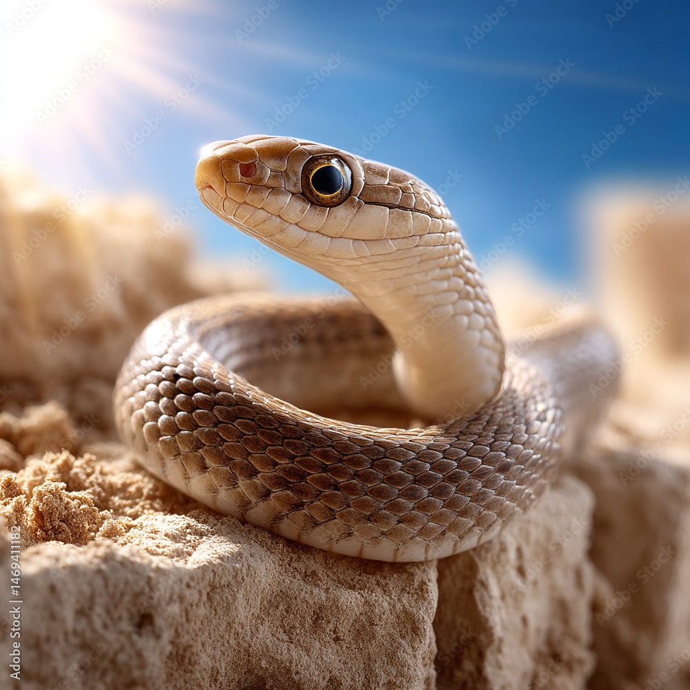 Fototapeta premium Snake basking on sunlit desert rock, crystal clear view