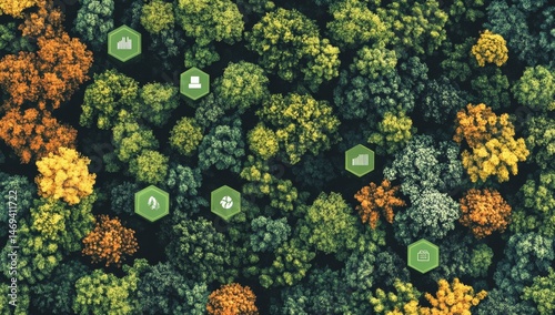 Forest ecosystem overlaid with sustainability icons