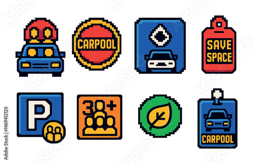 Carpool pixel art icons set – transportation, eco-friendly ride sharing symbols