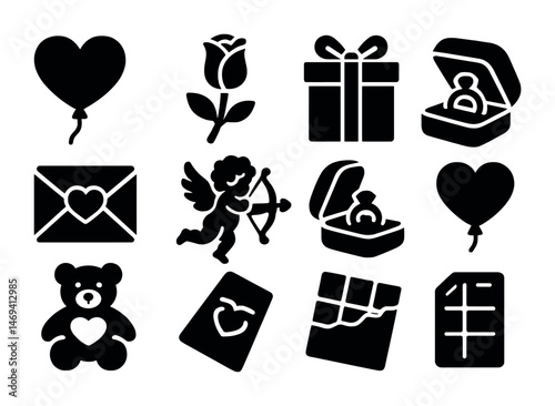 Valentine's day silhouette icons set – romance, love, cupid symbols
