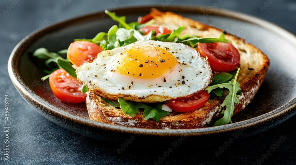 A vibrant sunny-side up egg perfectly placed on toasted bread, garnished with fresh arugula and cherry tomatoes, showcasing a delightful and healthy breakfast option.