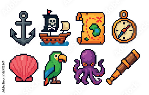 Nautical adventures icons set – pixel art, pirate, ocean voyage graphics