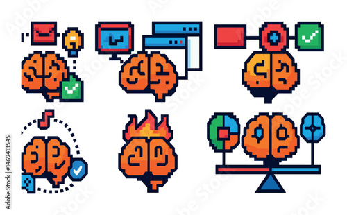 Brainstorming pixel art icons set – creative, ideas, colorful symbols