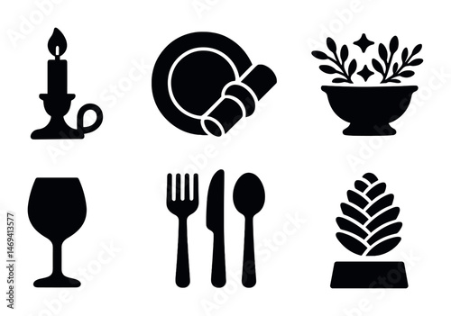 Dining and tableware solid icons set – flat, filled, kitchen and restaurant symbols
