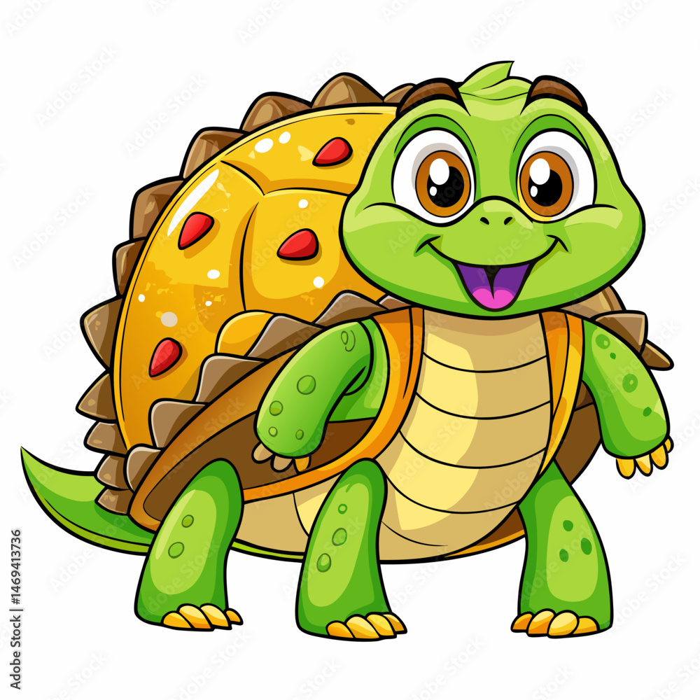 Obraz premium A smiling turtle with a taco shell back filled with lettuce, cheese and meat, cartoon vector isolated on white