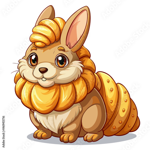 A fluffy bunny made of croissant layers, with little paws and whiskers, vector illustration on white background