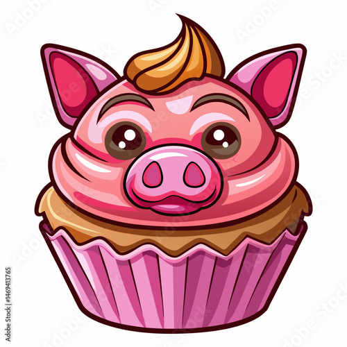 A pink cupcake with pig ears and nose, icing shaped like a piggy face, vector illustration on white