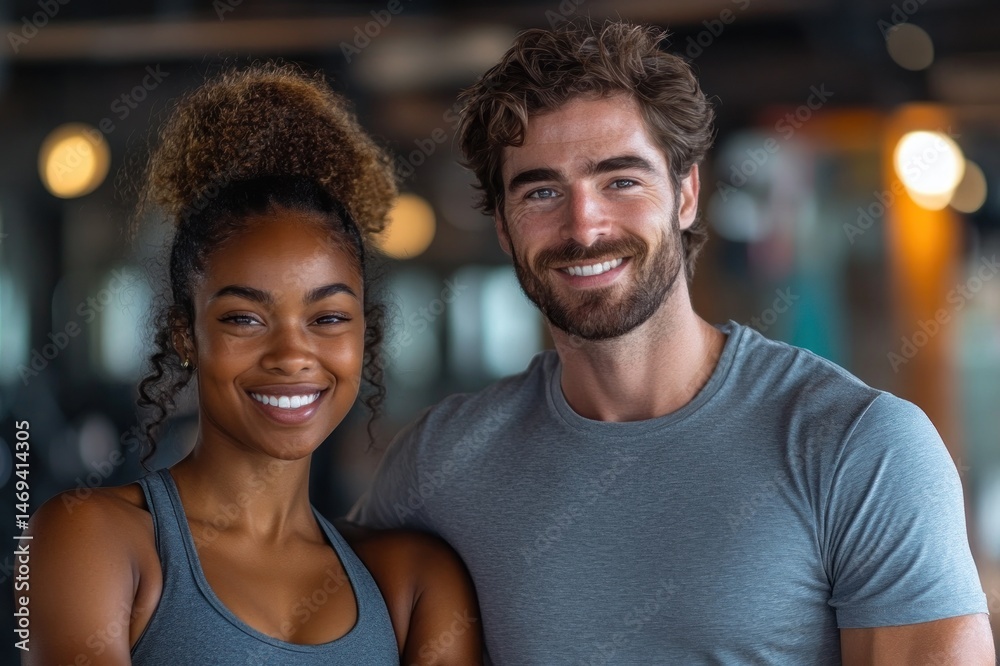 Fototapeta premium Smiling Young Adults Posing Together in Modern Gym Setting with Soft Focus Background and Warm Lighting