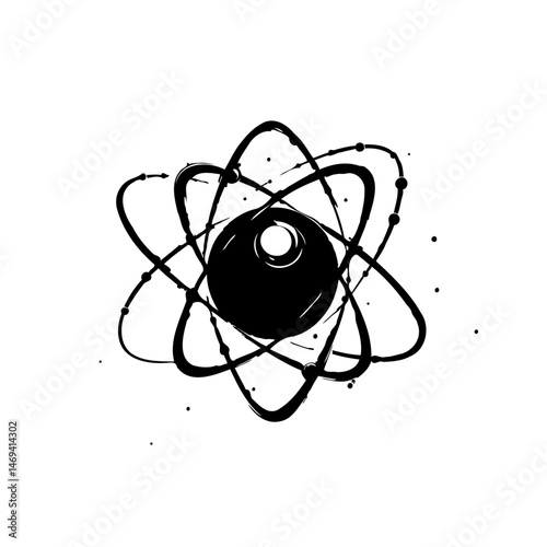 Abstract atom representation with orbital paths in a monochrome ink drawing