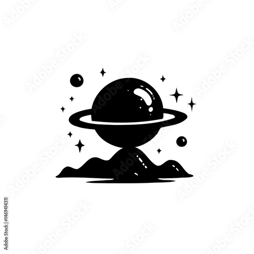 Minimalist depiction of a celestial body in space, adorned with sparkling stars