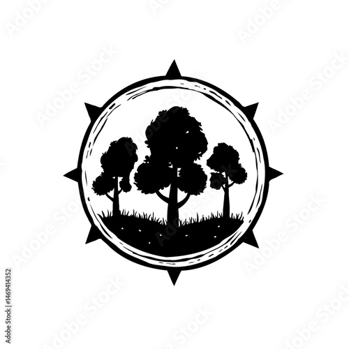 Stylized arboreal silhouette emblem evoking nature exploration and orientation