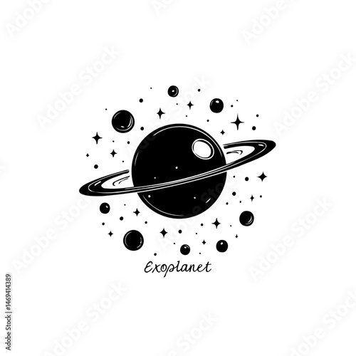 Monochrome planetary illustration showcasing a ringed exoplanet amidst cosmic dust