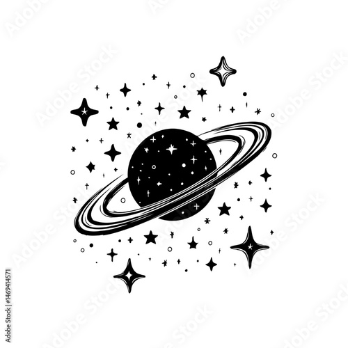 Celestial monochrome planet with rings surrounded by twinkling stars artwork