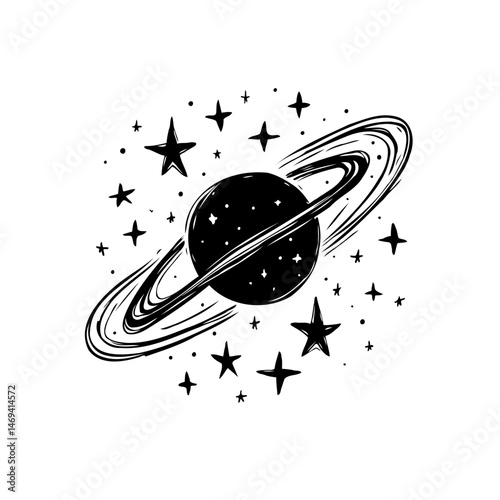 Cosmic sketch of a ringed planet surrounded by stars on a white background