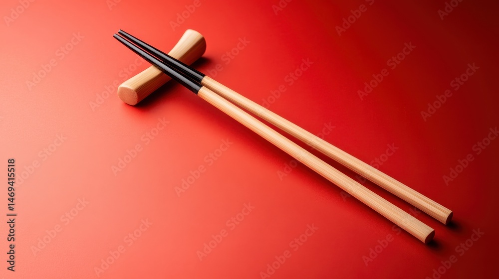 A pair of wooden chopsticks rest elegantly on a stunning red background, highlighting their craftsmanship and inviting an exploration of diverse culinary experiences. A pair of wooden chopsticks rest elegantly on a stunning red background, highlighting their craftsmanship and inviting an exploration of diverse culinary experiences.