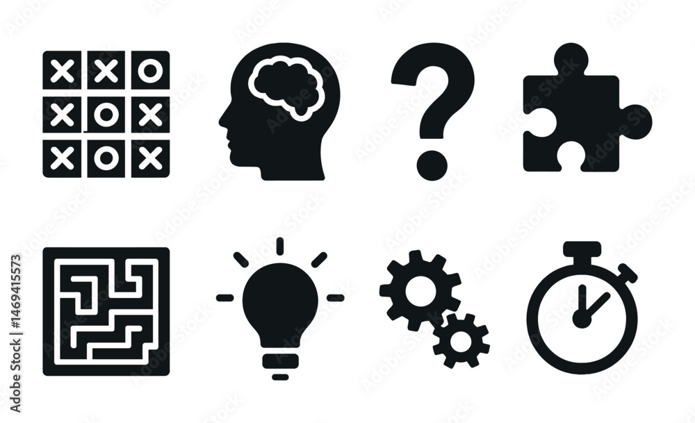 Mind game and puzzle silhouette icons set – brain teasers, logic, riddles