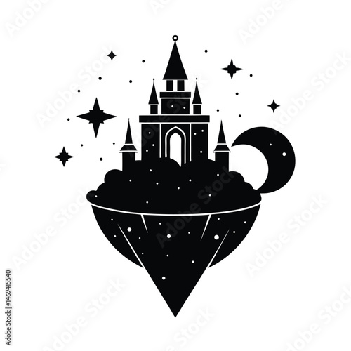 A whimsical illustration of a fantasy castle floating above a dreamy landscape under a starry night sky with a crescent moon.