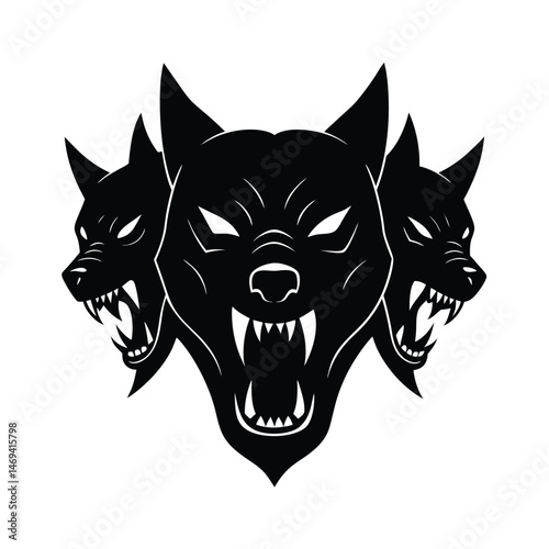 A stylized graphic depiction of cerberus the three headed dog with sharp fangs and a threatening pose.