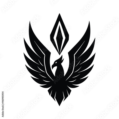Symbolic black phoenix logo design featuring wings spread out in front of diamond shaped element isolated on white background