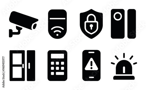 Security and surveillance solid icons set – flat, filled, safety and protection symbols