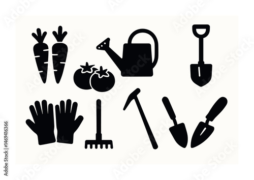 Gardening solid icons set – silhouette, filled, garden and outdoor tools vectors