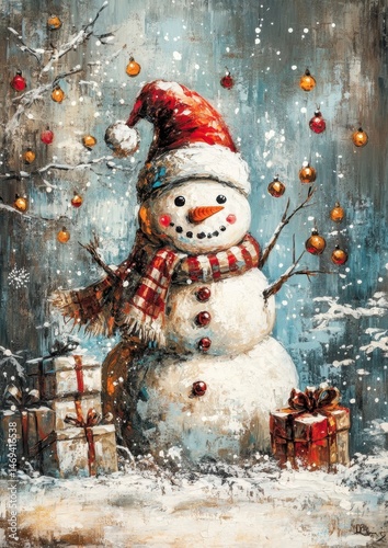 Cheerful Snowman with Gifts and Decorations in Winter Wonderland Scene