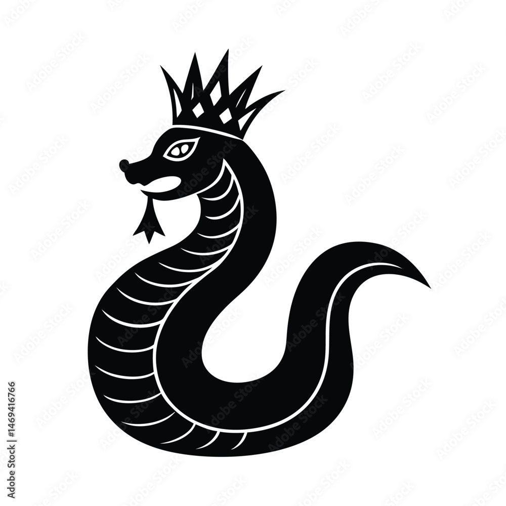Fototapeta premium An elegant black and white illustration of a snake wearing a crown on a plain white background vector art.