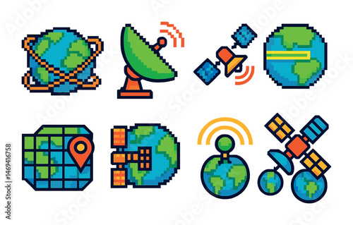 Global communication pixel art icons set – satellite, earth, digital connectivity
