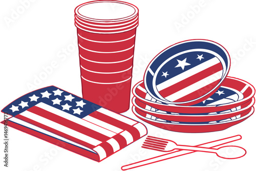 11 red plastic party cup, stack of disposable cups, disposable tableware, party supplies, plastic dishware, patriotic color scheme, american flag pattern, striped design, disposable dining utensils, p