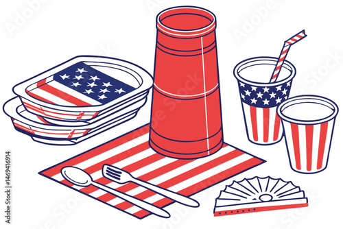 11 red plastic party cup, stack of disposable cups, disposable tableware, party supplies, plastic dishware, patriotic color scheme, american flag pattern, striped design, disposable dining utensils, p