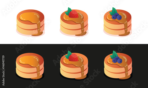 Delicious pancakes with fresh strawberry and blueberries in a cartoon style. Vector illustration of fresh and fluffy pancakes drizzled with honey and berries isolated