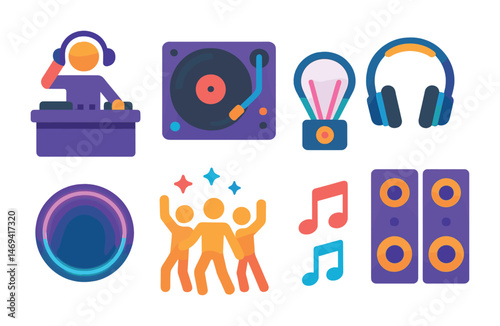 Music and party flat icons set – vibrant, filled, celebration and dj elements