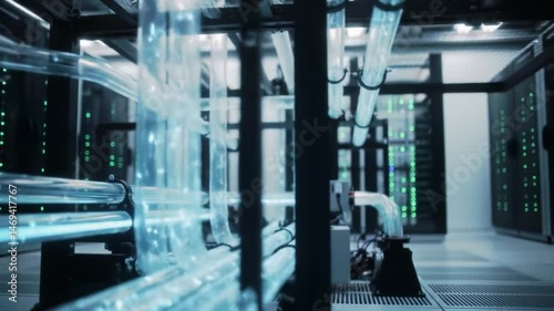 A glimpse into a modern data center showcasing a water cooling system. Clear tubes transport chilled water, optimizing energy use and maintaining ideal temperatures for servers and equipment.