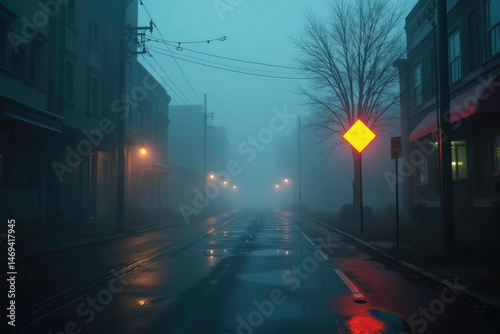 Obraz na płótnie Glowing Futuristic Street with Reflective Puddles in Fog w salonie