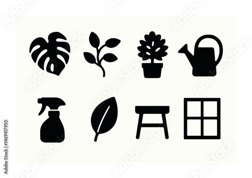 Gardening solid icons set – filled, plant care, garden tools, silhouette style