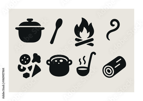 Cooking and camping icons set – filled, solid, culinary and outdoor adventure symbols
