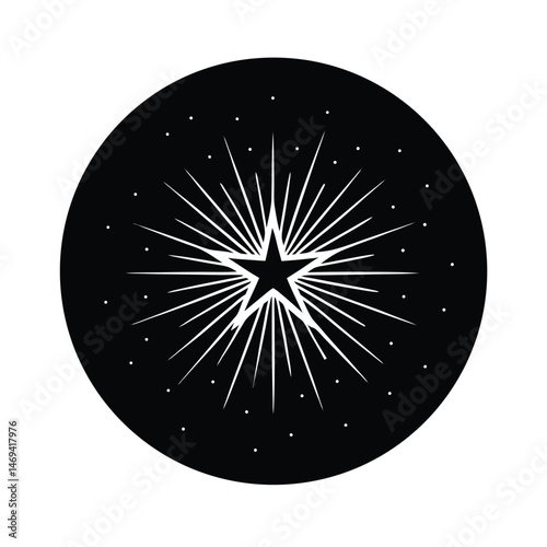 Artistic black and white illustration of a starburst emanating from a central five-pointed star within a circular shape