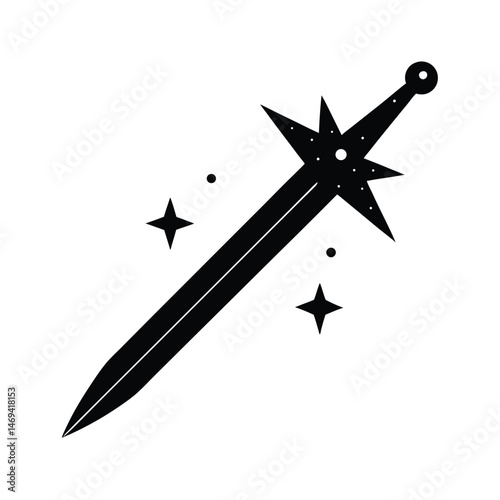 Elegant black and white stylized illustration of a sword with a decorative hilt and star accents on a crisp white background