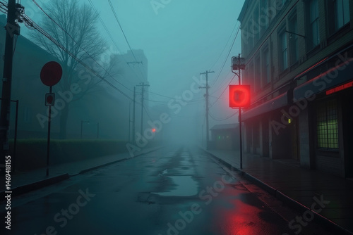 Futuristic Foggy Street with Neon Signs and Reflective Puddles