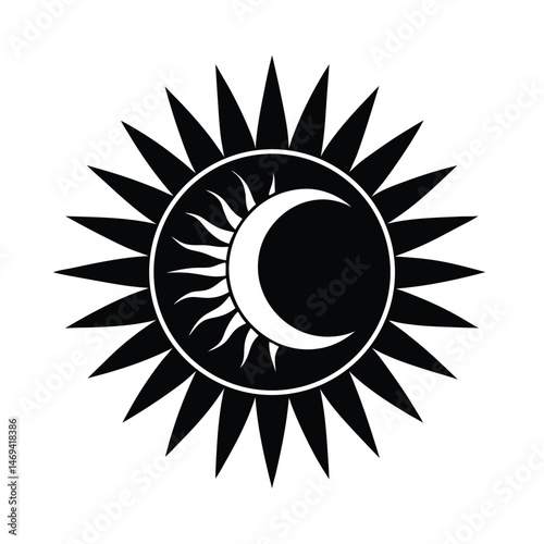 Symbolic black and white image of a sun with a crescent moon inside representing day and night cycles.
