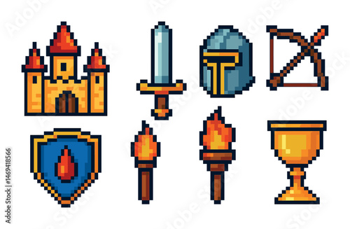 Medieval fantasy pixel art icons set – gaming, retro, adventure symbols