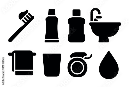 Dental and hygiene solid icons set – silhouette, filled, oral care symbols