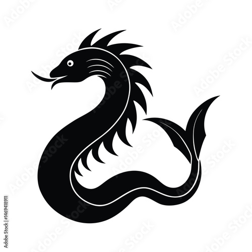 Black silhouette illustration of a mythical serpent creature with spiked back and curving body on white background
