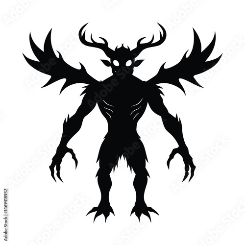 Silhouette of a terrifying forest creature with antlers wings and sharp claws isolated on a white background