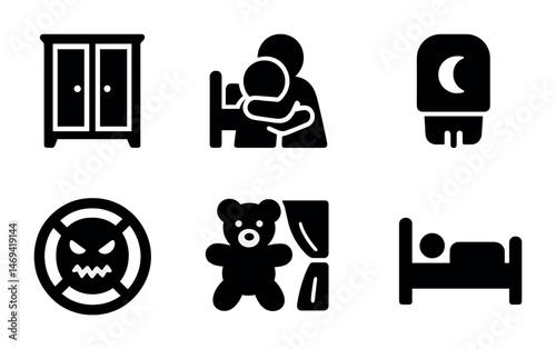 Bedtime and sleep solid icons set – silhouette, filled, goodnight and lullaby symbols