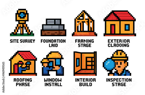 Construction process pixel art icons set – building, architecture, structural design