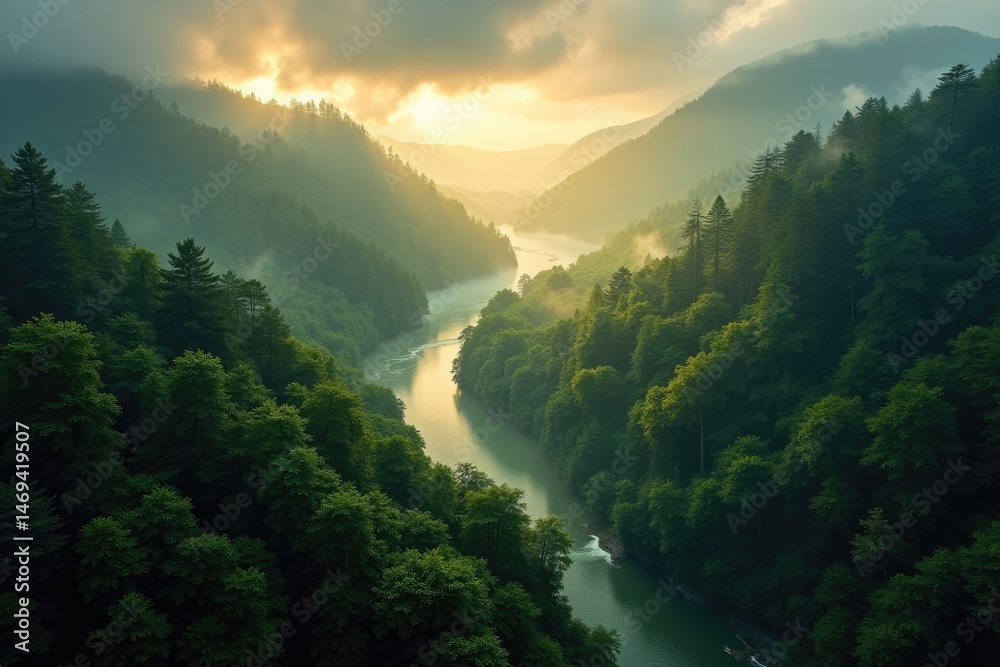 Golden Light Illuminating Serpentine River in Misty Rainforest