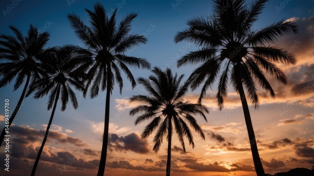 Palm Trees Silhouetted by Sunset in Blue and Brown Tones