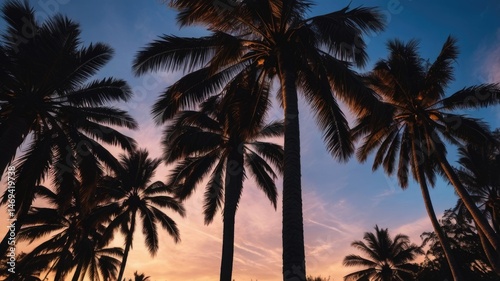 Obraz na płótnie Silhouetted Palm Trees at Sunset with Deep Blue and Brown Tones w salonie